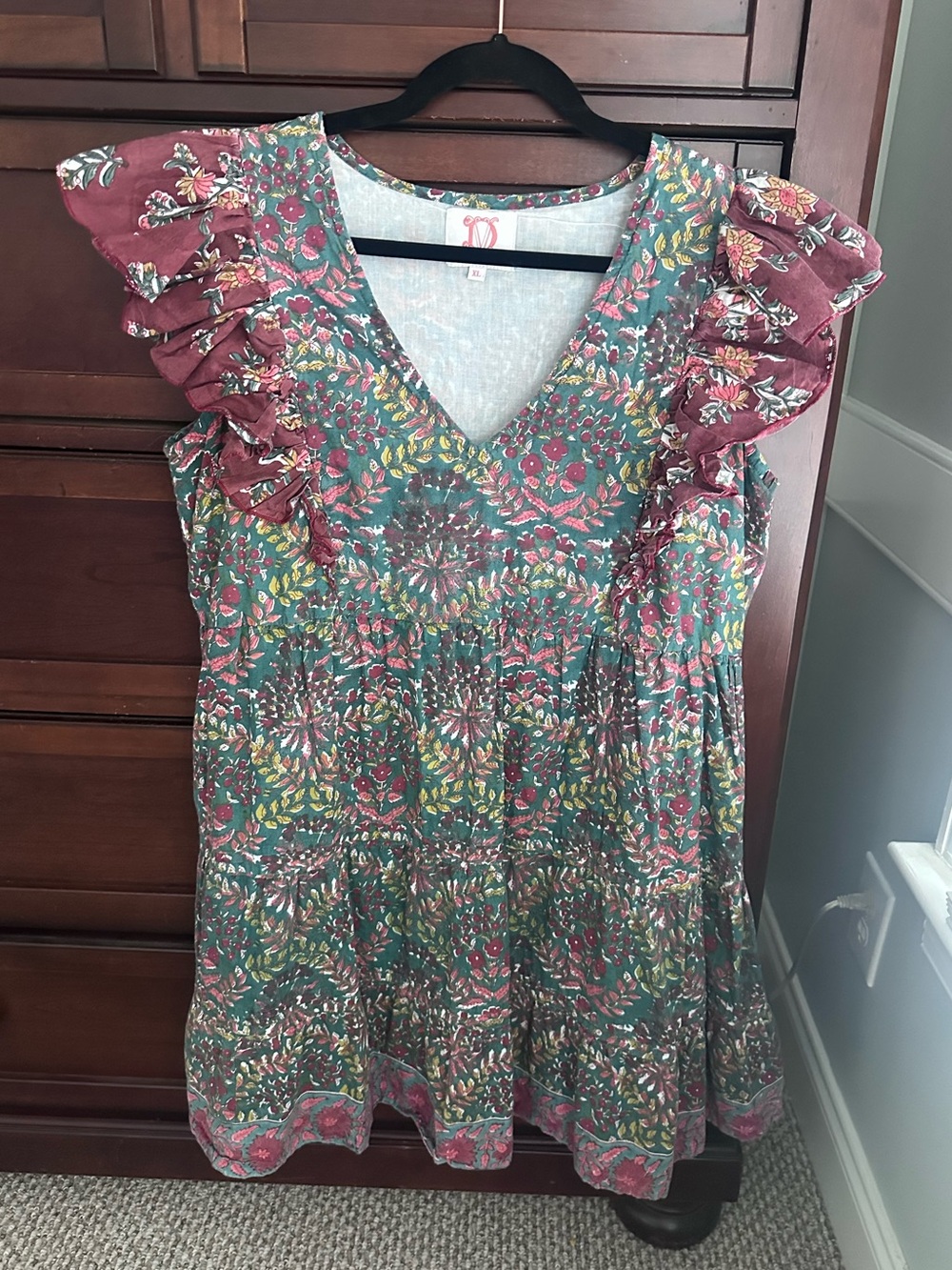 Victoria Dunn blockprint flutter sleeve mini dress size XL